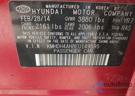 2014 Hyundai Elantra Sport z USA, uszkodzony, nr VIN KMHDH4AH8EU149595